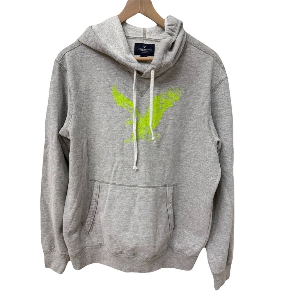 American Eagle Hoodie‎ Mens Medium Gray Neon Green Eagle Graphic Pullover 2013